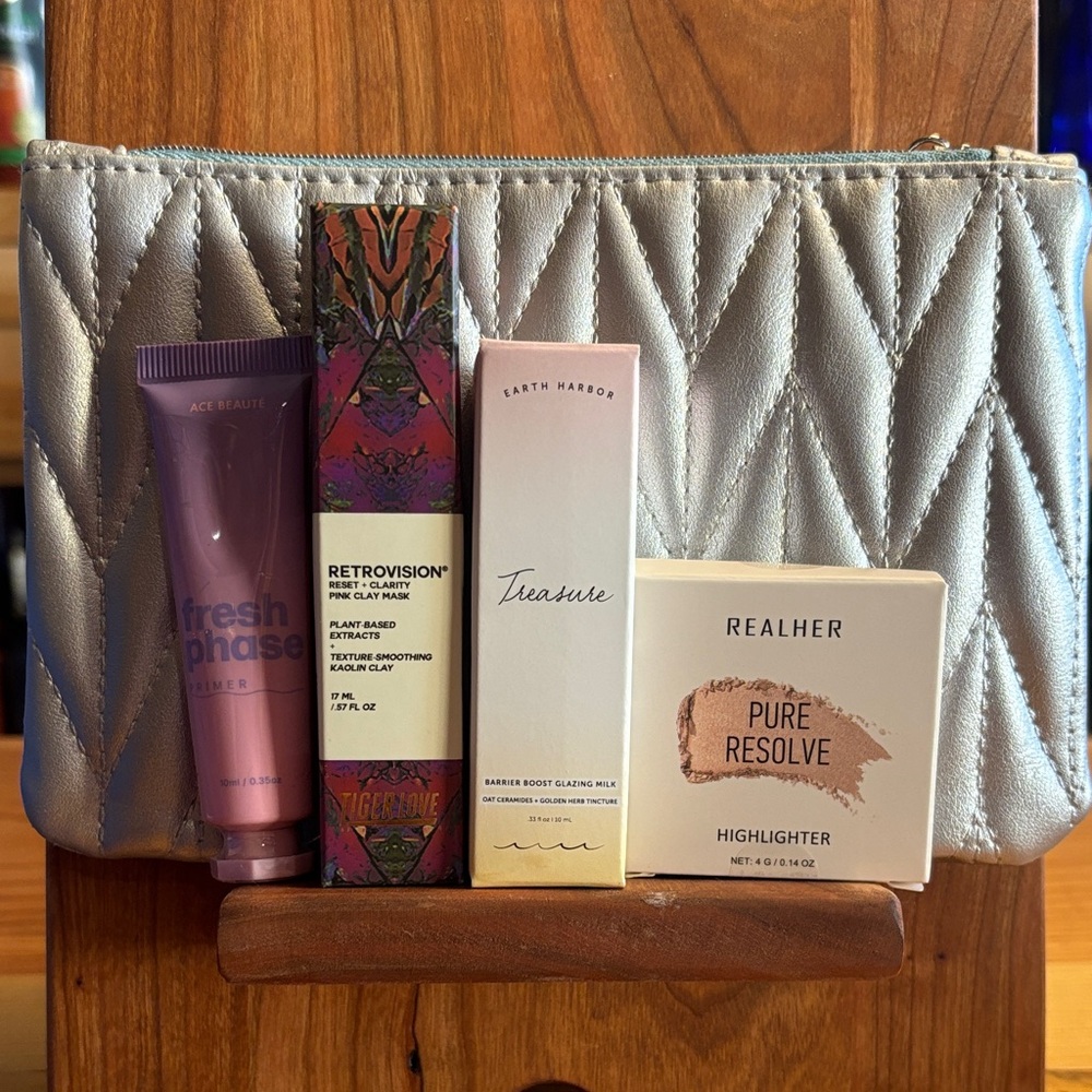 Silver Quilted Makeup Bag with Skincare and Makeup Set